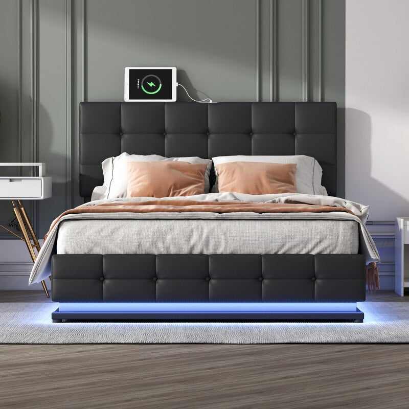 Queen Size Floating Bed Frame with LED Lights and USB Charging,Modern Upholstered Platform LED Bed Frame,Black