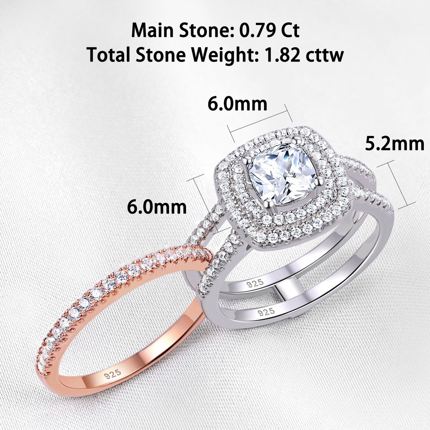 Newshe Halo Cushion Cut Bridal Set Solid 925 Sterling Silver Plug-in Rose Gold Wedding Ring For Women Brilliant Cz