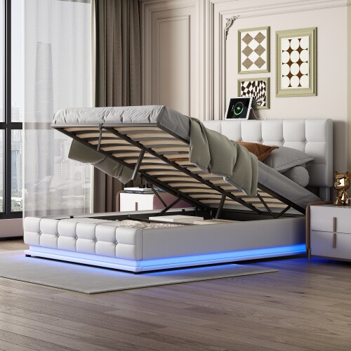 Queen Size Floating Bed Frame with LED Lights and USB Charging,Modern Upholstered Platform LED Bed Frame,Black