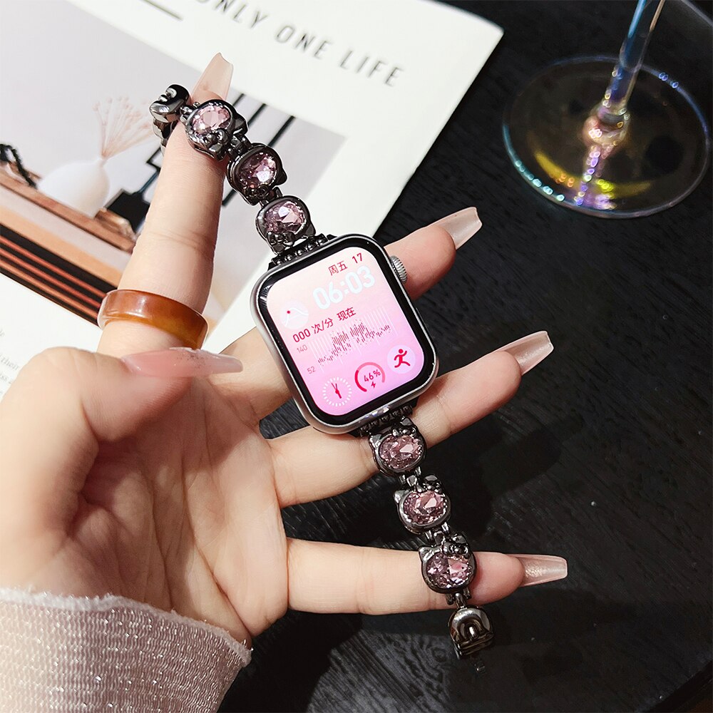 Kitty Cat Metal Strap for Apple Watch Band 40mm 41mm 42mm 44mm 45mm 38 49mm Cute Women Bracelet for Iwatch 8 7 6 5 4 Se 3 Ultra