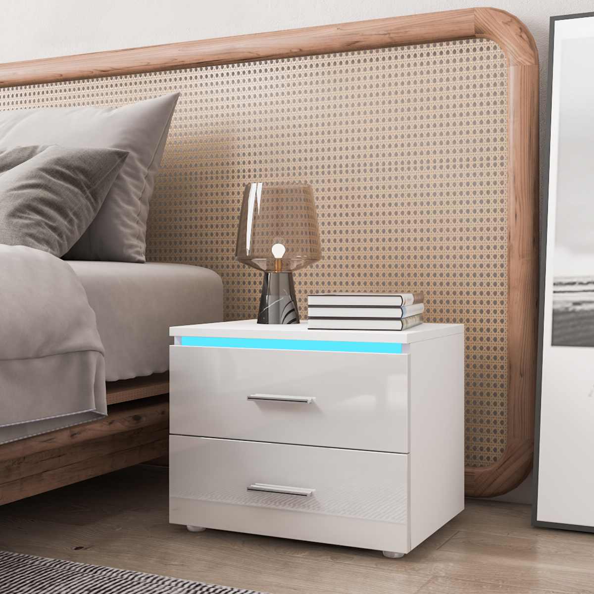 Modern Night Tables High Gloss LED Light Nightstand with 2 Drawer 20 Modes LED RGB Bedside Table Home Bedroom Bedside Cabinet