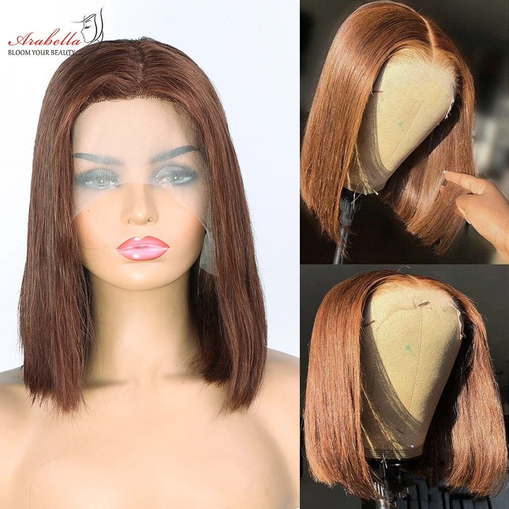 Brown Hair Bob Wig 4x4 Transparent Lace Wig 100% Human Hair Wigs Bleahced Knots Arabella Remy Human Hair T Part Lace Wig