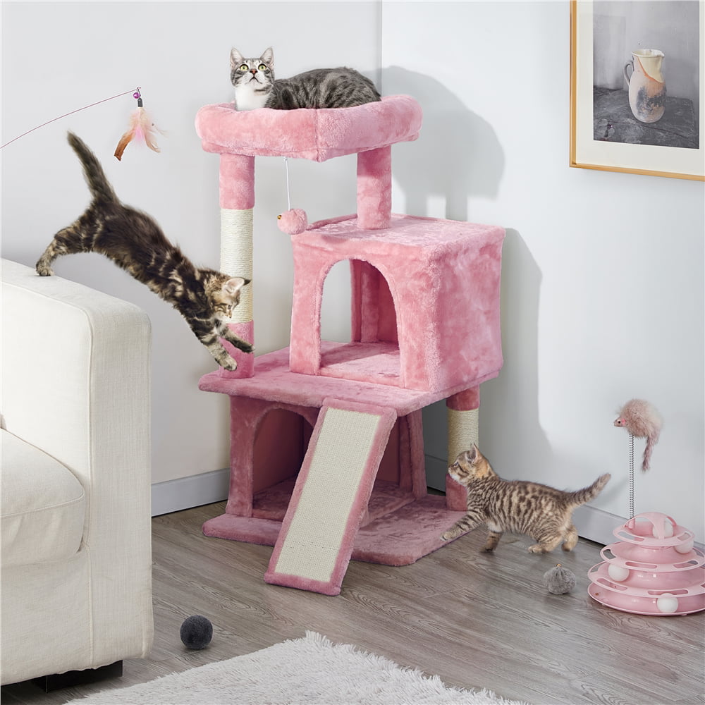 Easyfashion Multilevel Plush Cat Tree with Double Condos and Furry Ball for Cats, Kittens, Pink