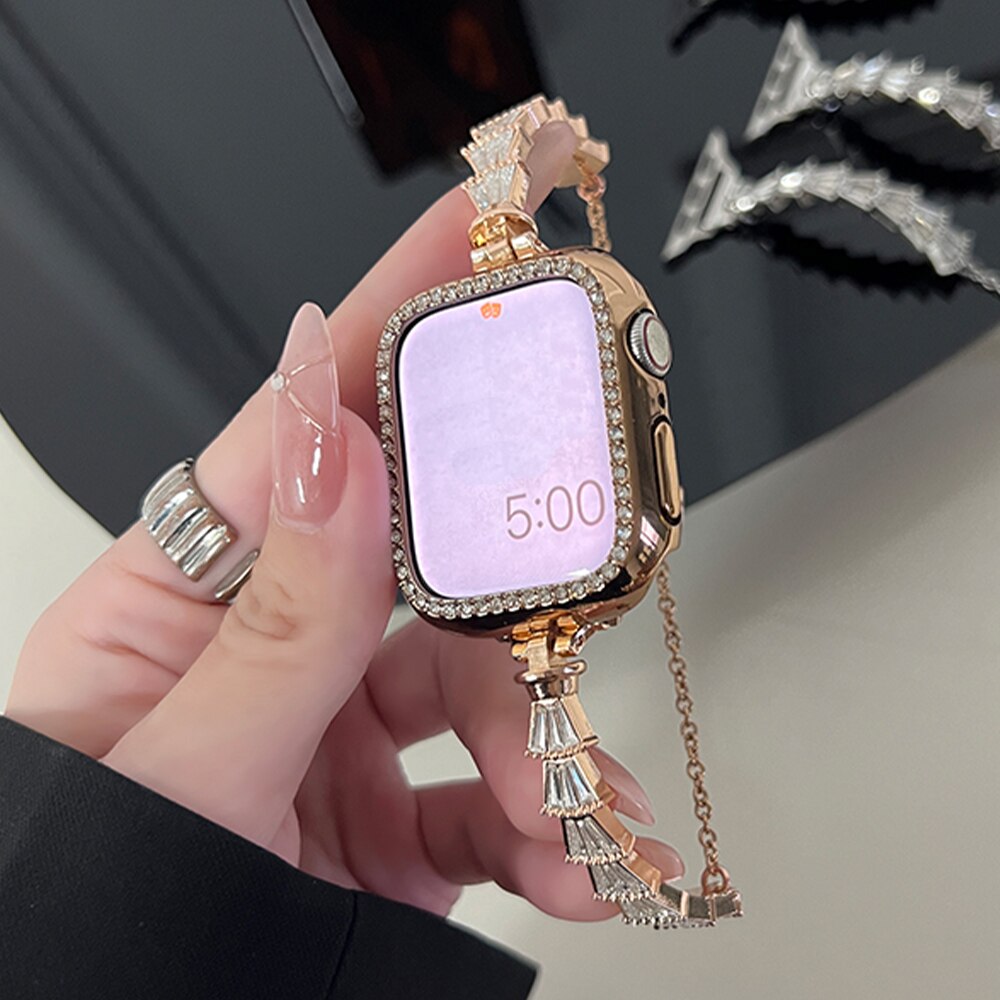 Diamond Case Band for Apple Watch Series 8 41 45mm Ultra 49mm 40 38mm Women Metal Strap for iWatch 8 6 3 4 5 Se 2 44 42mm Correa