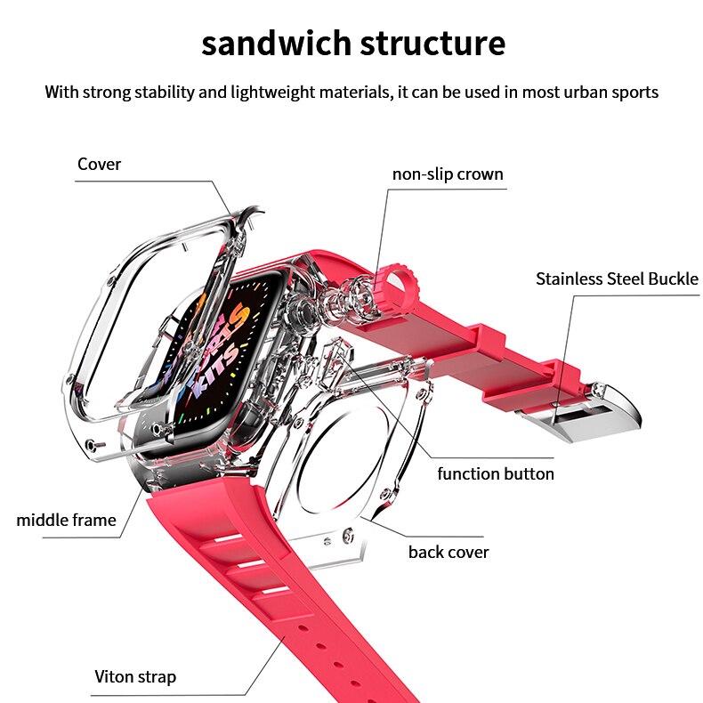 ICE Transparent Modification Kit For Apple Watch Band Case 8 7 45mm 6 5 4 3 44mm Fluorine Rubber Sport Strap for iWatch 6 5 4 SE