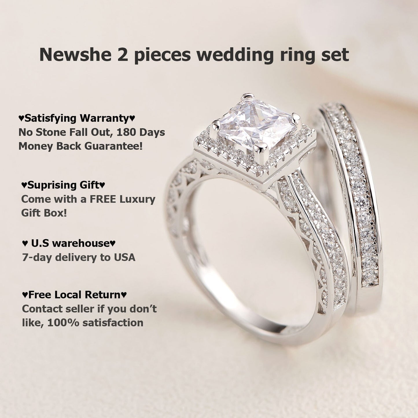 Newshe 2Pcs Genuine 925 Sterling Silver Wedding Ring Set Classic Jewelry 0.8 Ct Princess Cut AAAAA CZ Engagement Rings for Women