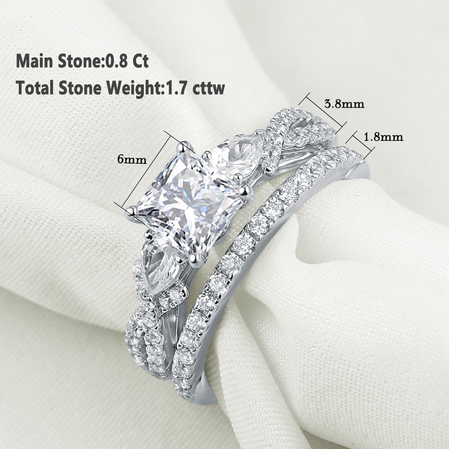 Newshe 2 Pcs Wedding Ring Set 925 Sterling Silver 1.7 Ct Princess Pear Cut AAAAA CZ Engagement Rings for Women Trendy Jewelry