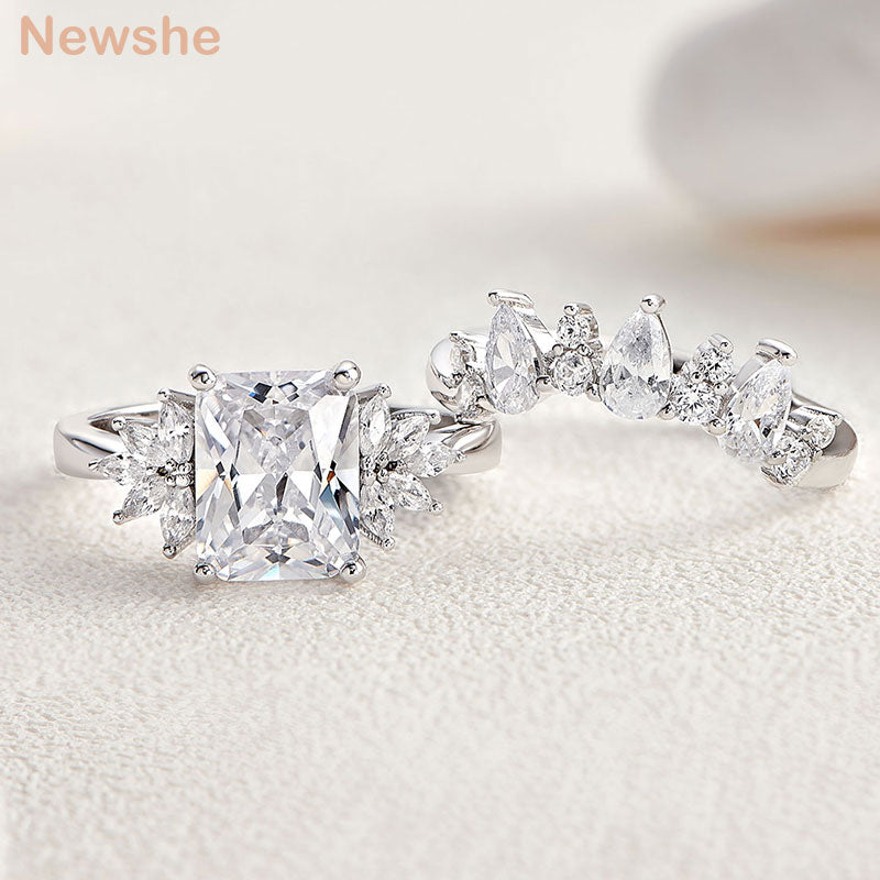 Newshe Multi Shape Engagement Ring Set for Women Solid 925 Sterling Silver AAAAA Cubia Zircon Statement  Wedding Rings