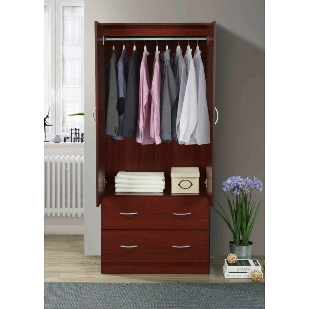 Hodedah Two Door Wardrobe with Two Drawers and Hanging Rod plus Mirror, storage cabinet