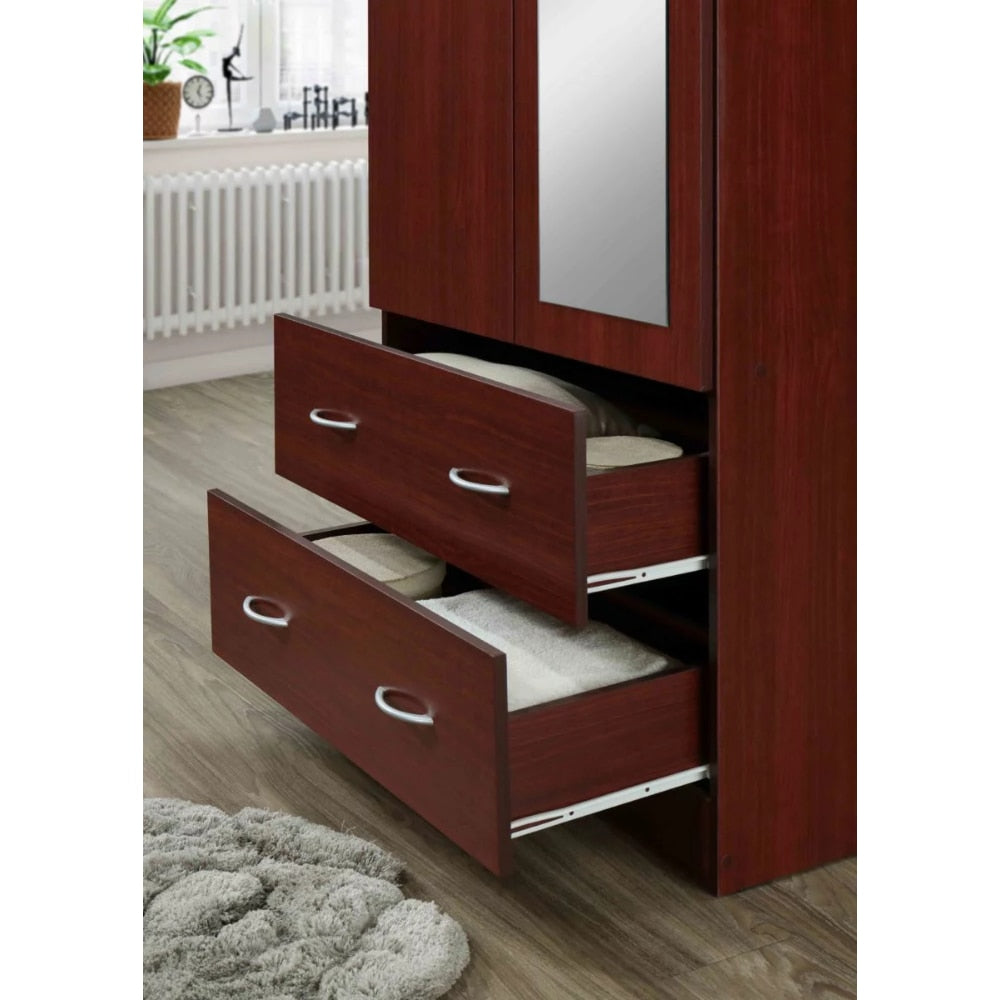 Hodedah Two Door Wardrobe with Two Drawers and Hanging Rod plus Mirror, storage cabinet