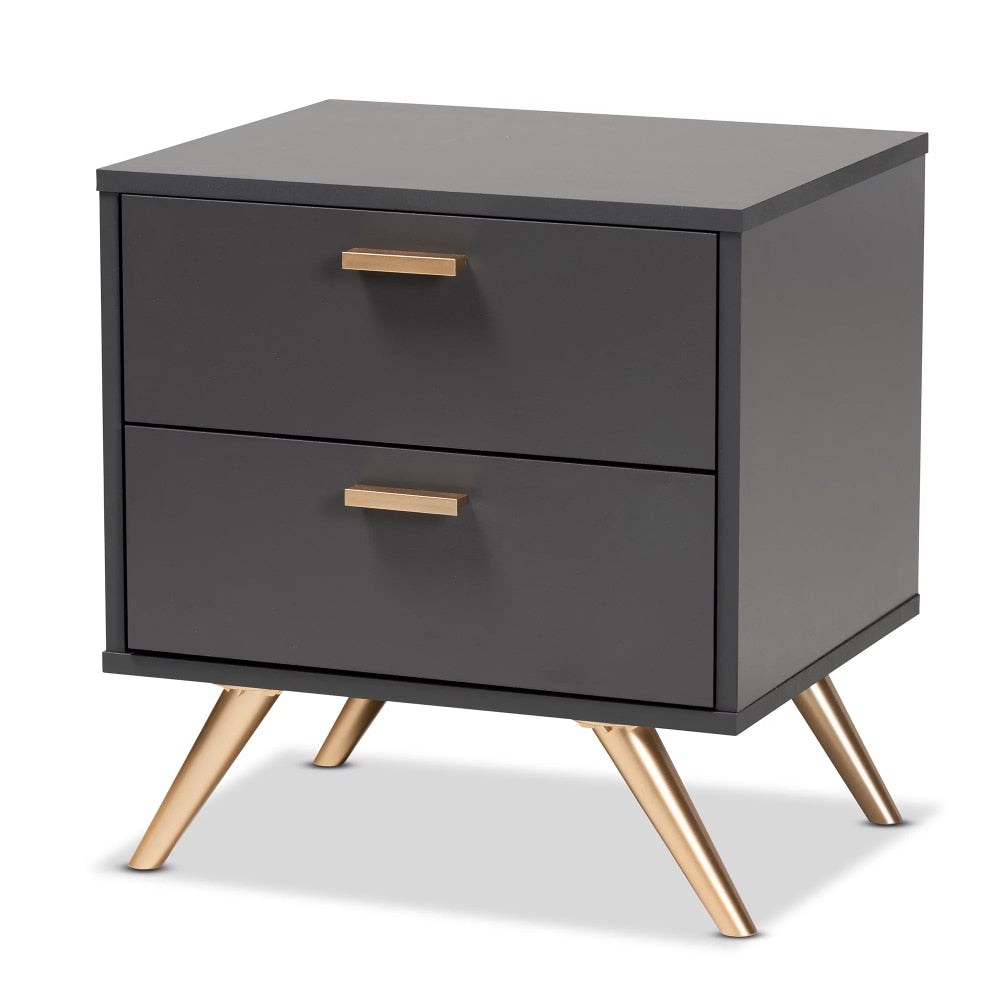 Kelson Modern and Contemporary Dark Grey and Gold Finished Wood 2-Drawer Nightstand