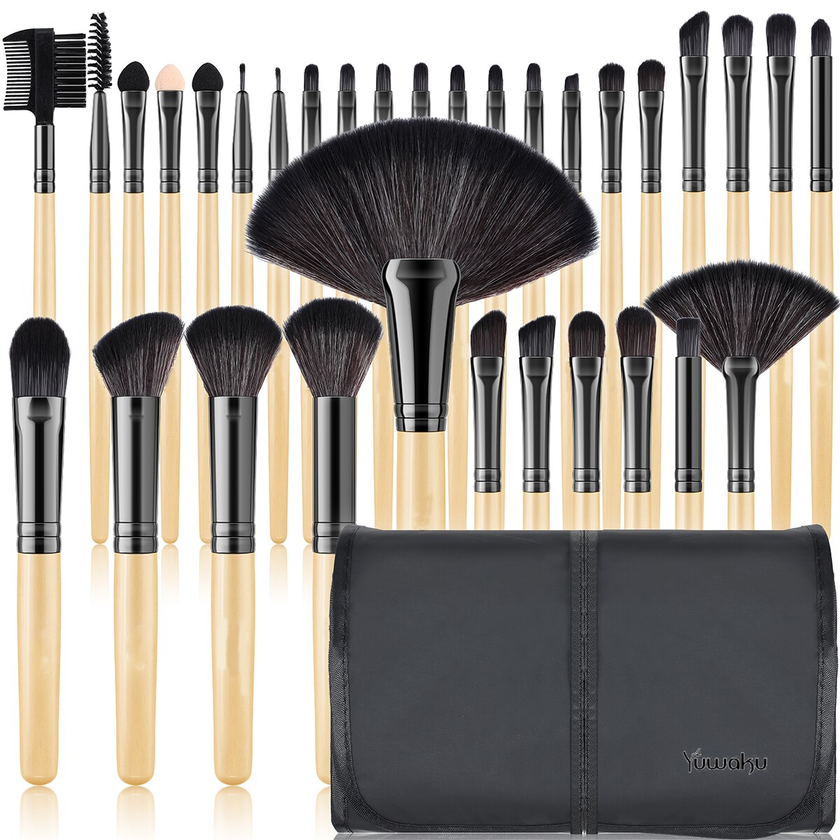 Kaizm 32pcs Natural Hair Makeup Brushes Set Cosmetic Foundation Powder Eyeshadow Eyebrow Premium Wooden Make Up Brush Tools Kits