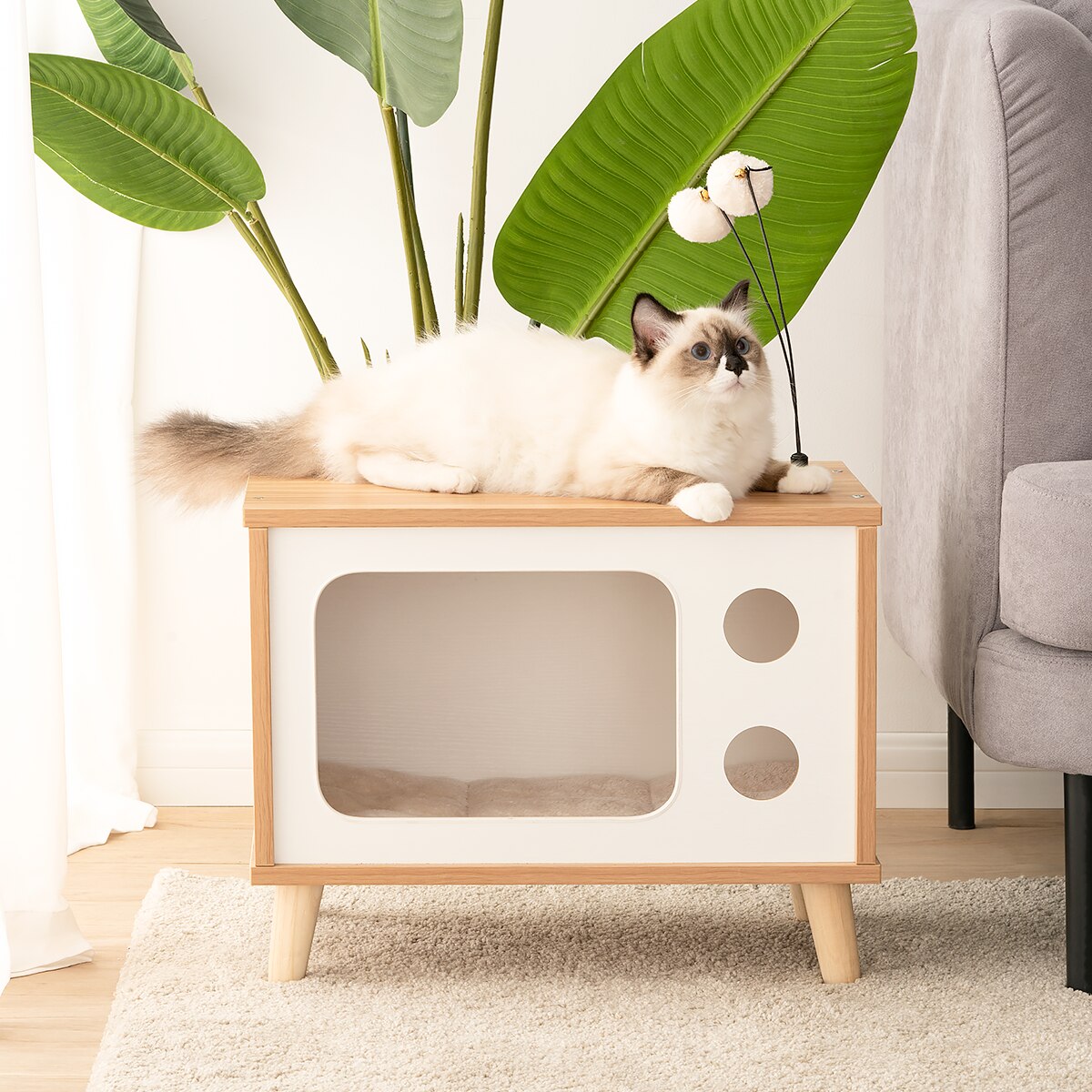 Mewoofun Cat House Wooden Condo Bed Indoor TV-Shaped Sturdy Large Luxury Cat Shelter Furniture with Cushion Cat Scratcher US