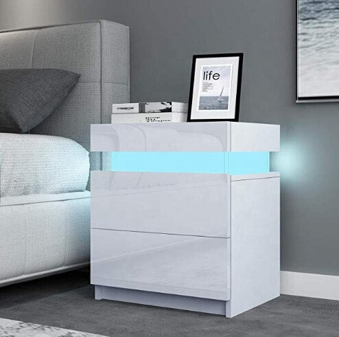 Modern RGB LED Night Table with 2 Drawers Organizer Storage Cabinet Bedside Table Home Bedroom Furniture Nightstands for Night