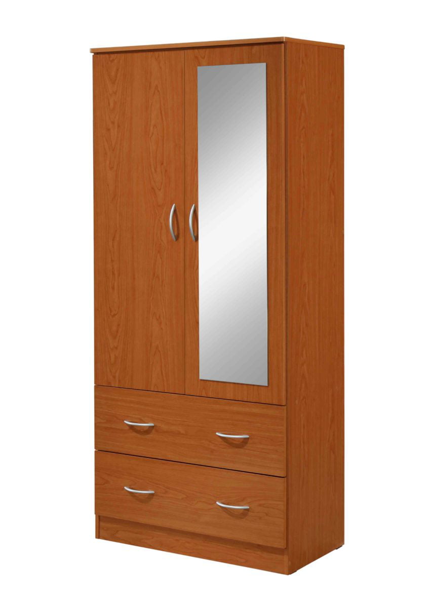 Hodedah Two Door Wardrobe with Two Drawers and Hanging Rod plus Mirror, storage cabinet