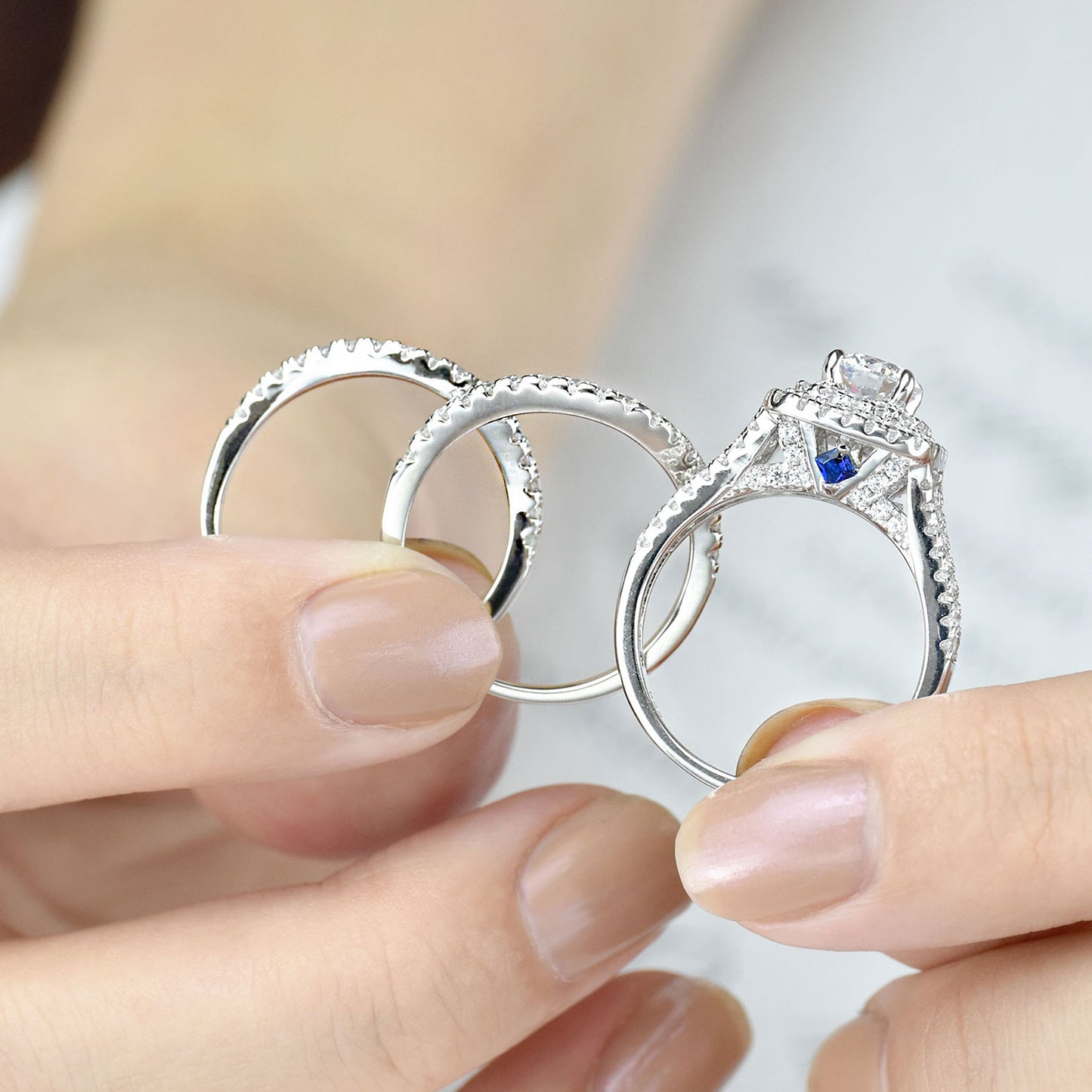 Newshe 3 Pieces 925 Sterling Silver Wedding Rings for Women AAAAA CZ Blue Side Stones Luxury Jewelry Engagement Bridal Set