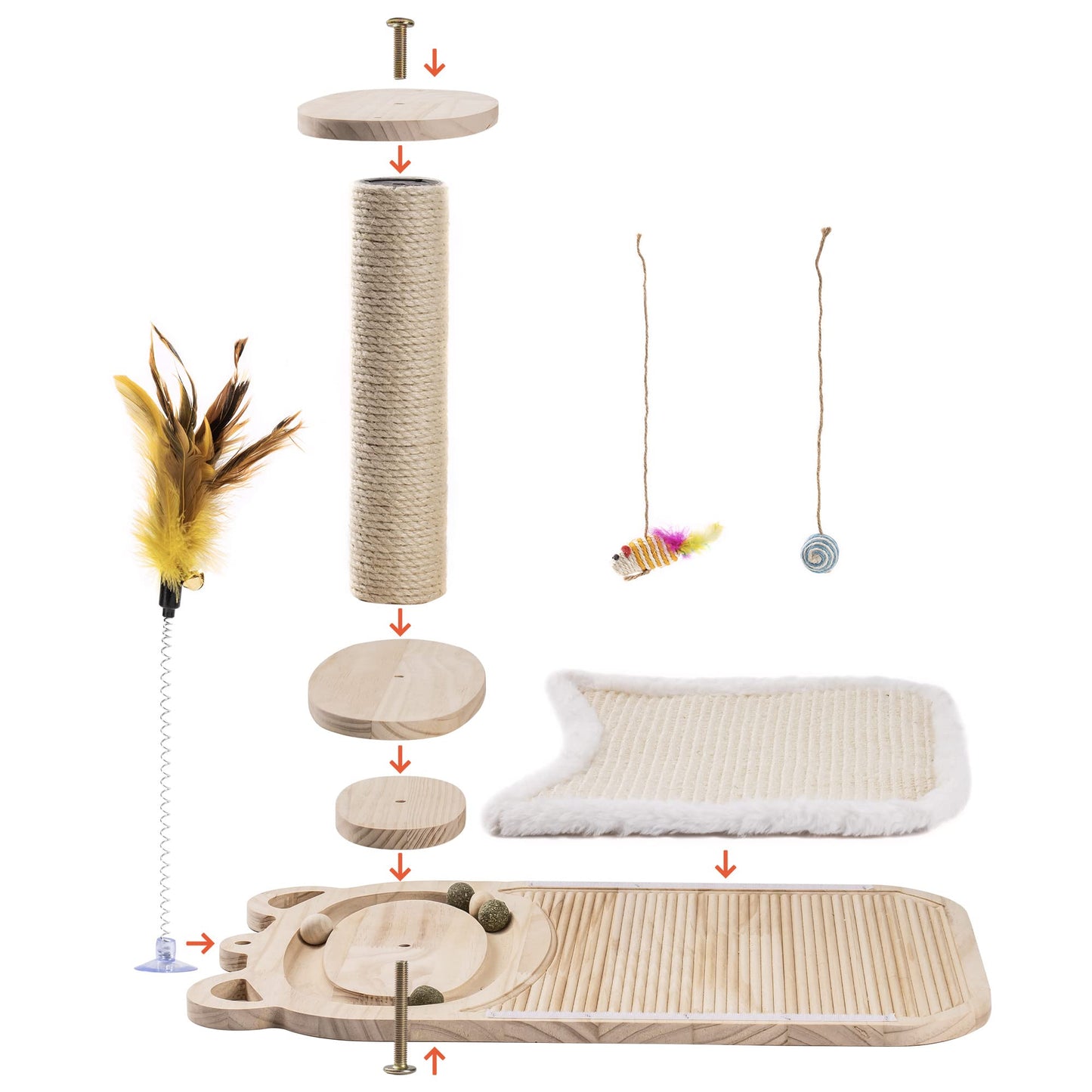 Mewoofun Cat Toy 2-Layer Turntable Cat Ball Toy Feather Stick Interactive Cat Toy Two Sisal Dangling Balls Cat Scratching Post