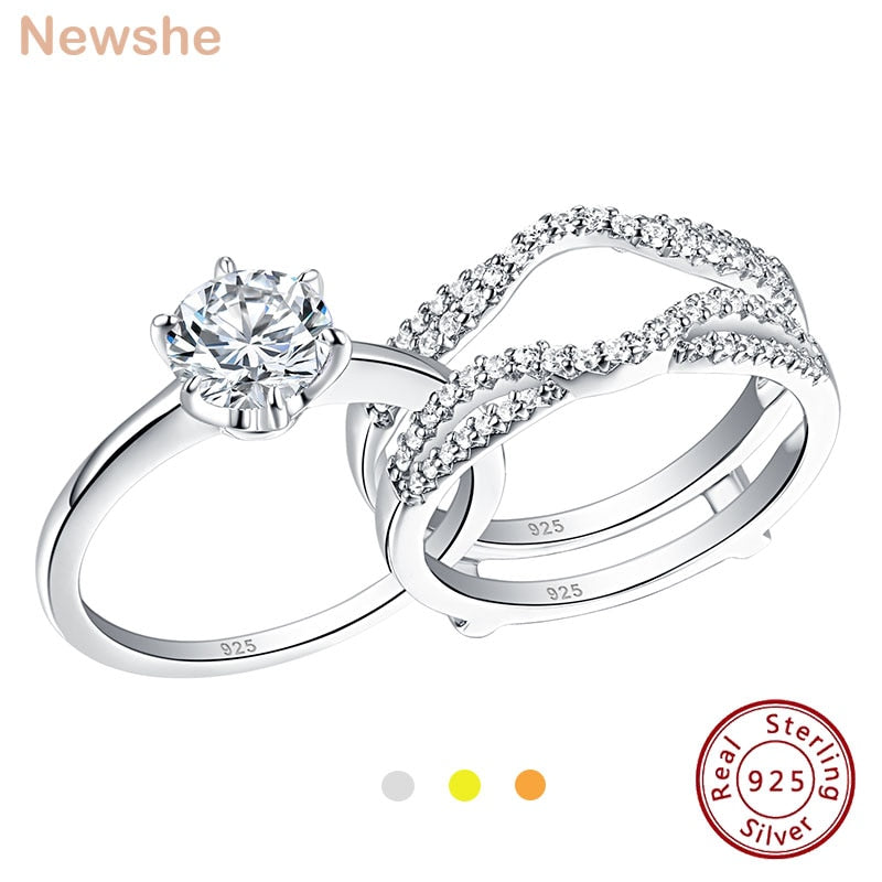 Newshe Solid 925 Sterling Silver Solitaire Round Cut 5A CZ Wedding Rings Set for Women Eternity Stacking Guard Ring Enhancer