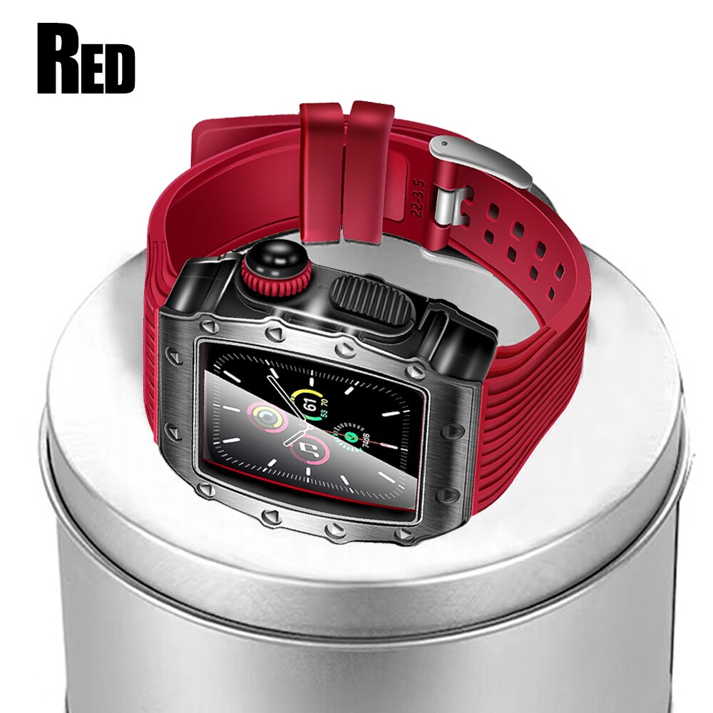 Luxury Modification Case Band for Apple Watch Series 8 7 6 5 4 44mm 45mm Men Rugged Case Silicone Sport Band for iWatch 6/5/4 SE