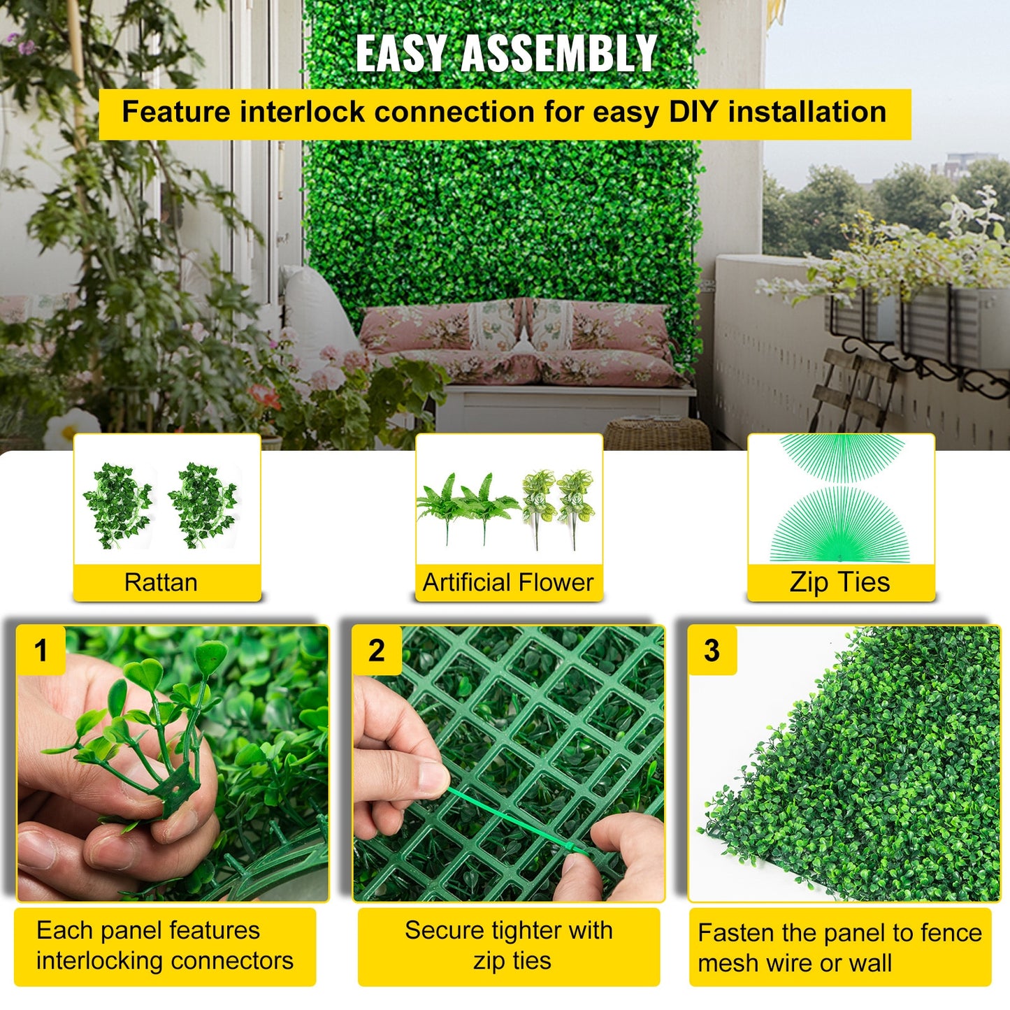 VEVOR Artificial Boxwood Panel 6 PCS 20&quot;x20&quot; PE Grass Backdrop Wall 1.6&quot; for Decoration of Outdoor, Indoor, Garden and Fence