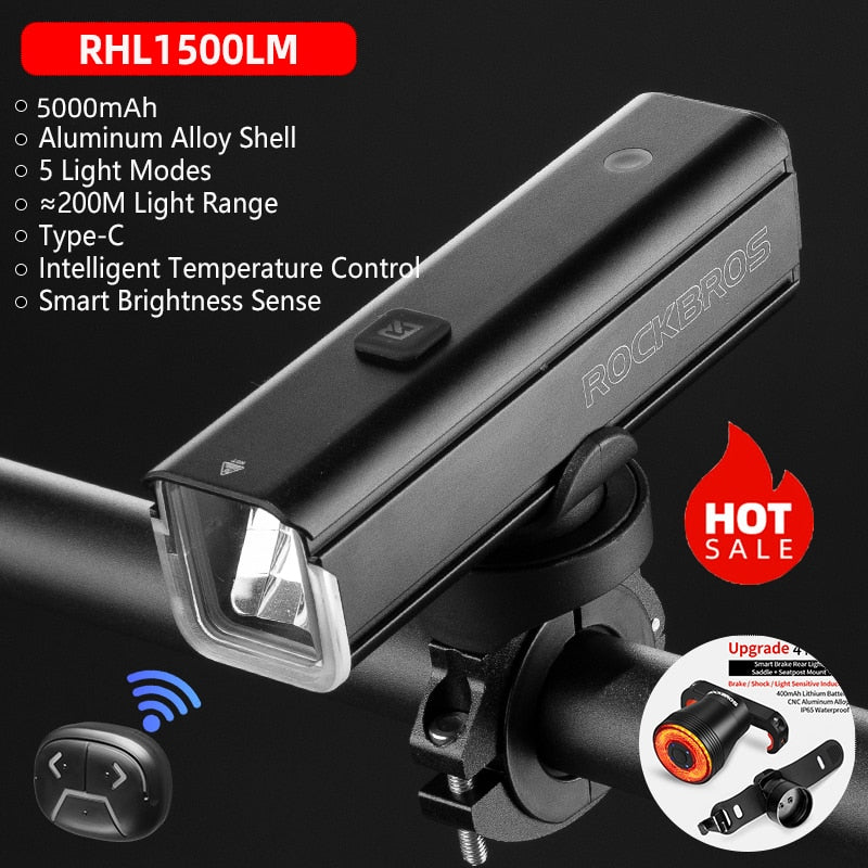 ROCKBROS Bike Light 1500LM5000mAh Type-C Bicycle Light Temperature Control  IPX6 Aluminum LED Light Front Lamp Cycling Headlight