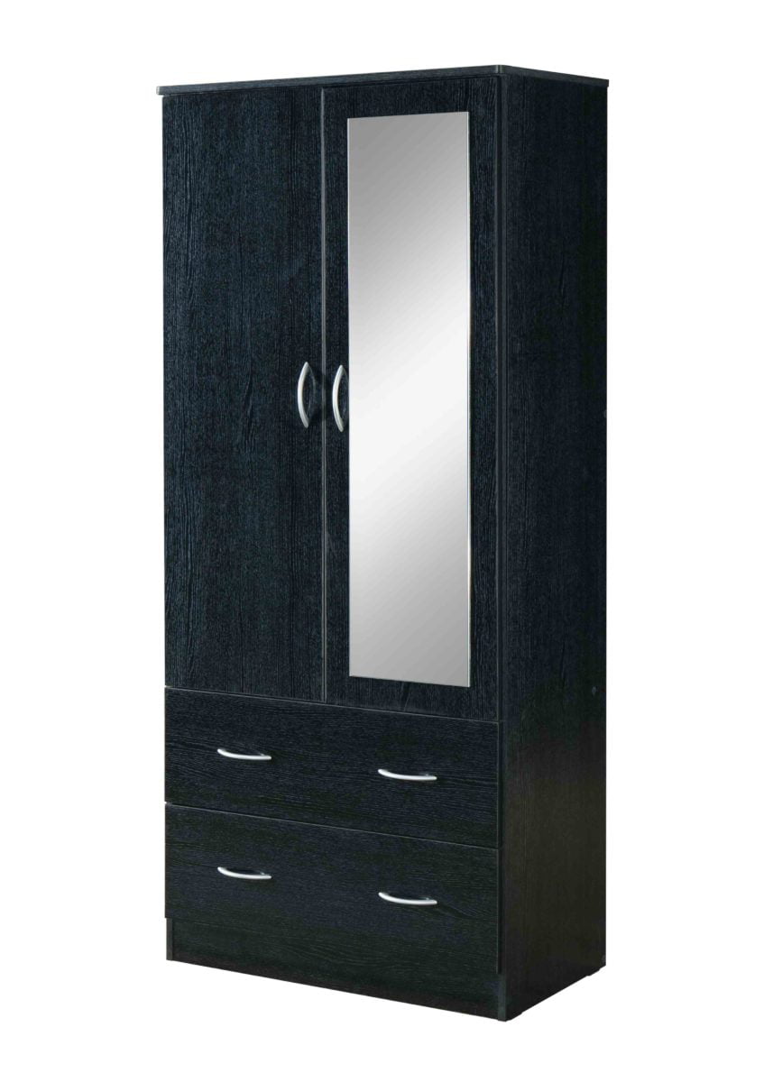 Hodedah Two Door Wardrobe with Two Drawers and Hanging Rod plus Mirror, storage cabinet