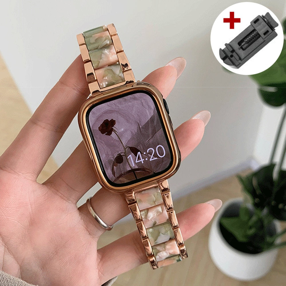 Luxury Women Resin Strap For Apple Watch Ultra 49mm Band 38 40mm 44 42mm Metal Bracelet for iWatch 8 7  6 5 4 se 3 2 1 41mm 45mm