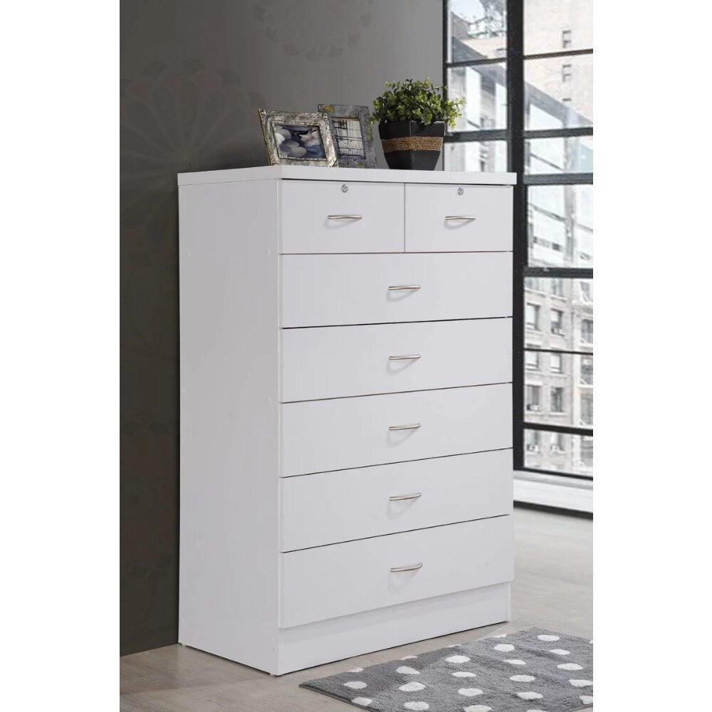 Hodedah 7 Drawer Dresser with Two Locks, White