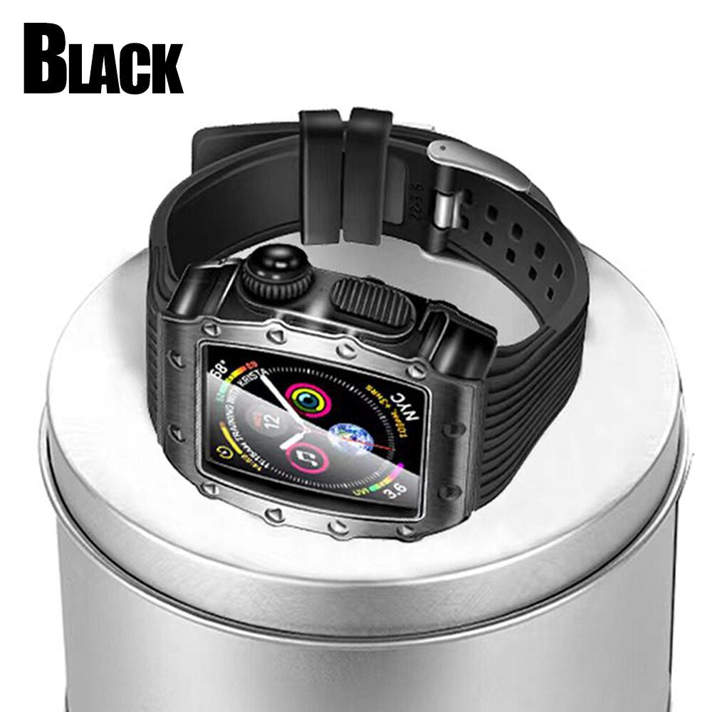 Luxury Modification Case Band for Apple Watch Series 8 7 6 5 4 44mm 45mm Men Rugged Case Silicone Sport Band for iWatch 6/5/4 SE