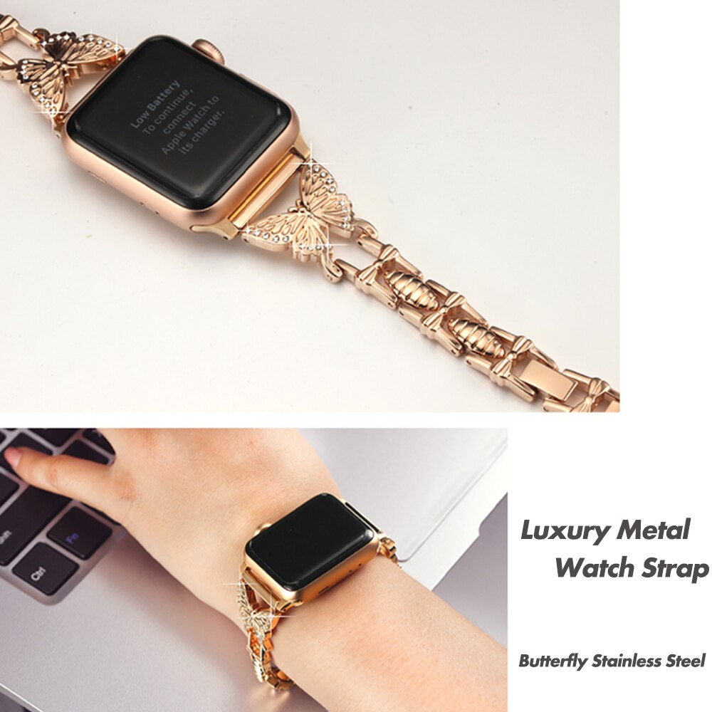 Metal Bling Band For Apple Watch 44 40 38 42mm 41 45 Women Stainless Steel Bracelet Diamond Butterfly For iWatch Series 7 6 543