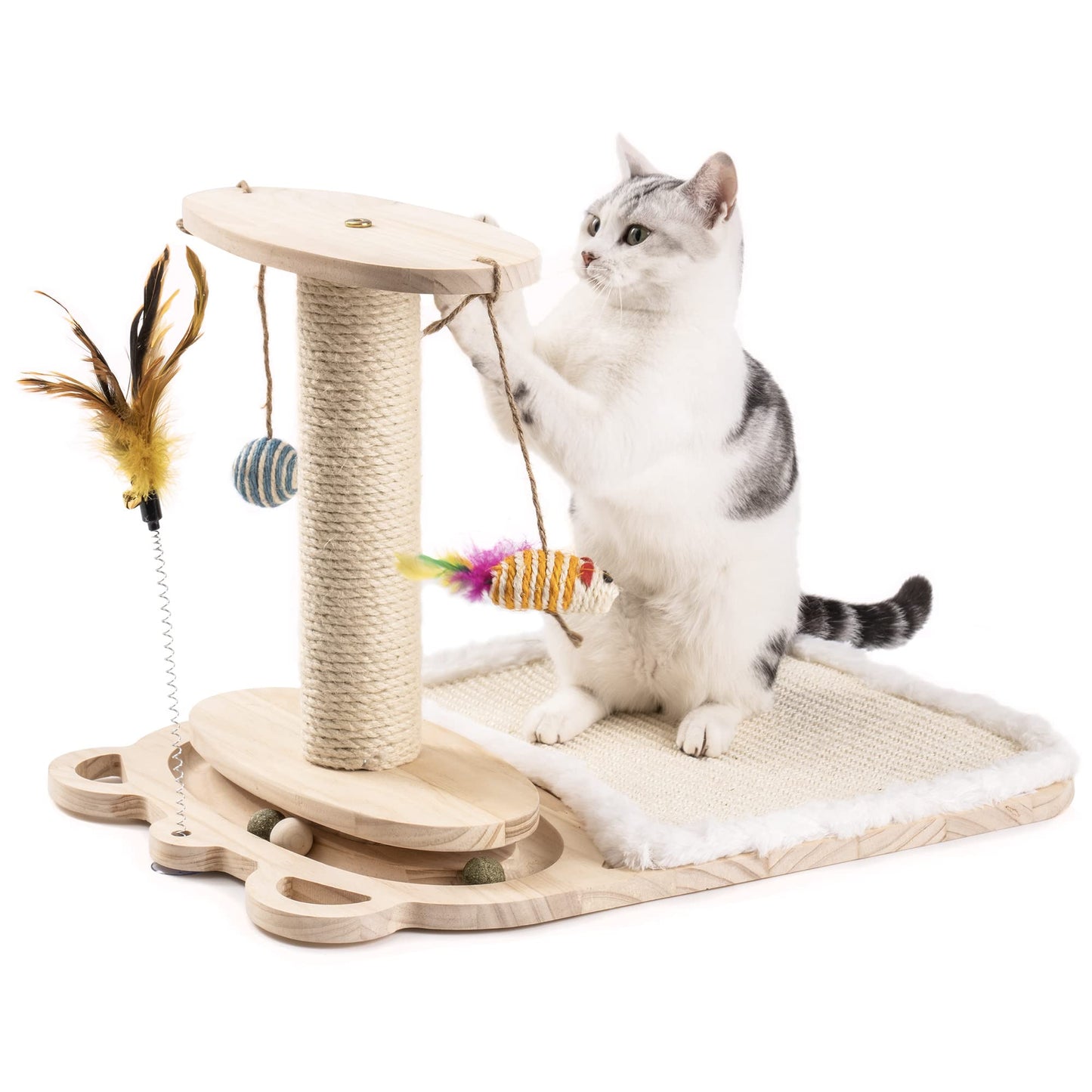 Mewoofun Cat Toy 2-Layer Turntable Cat Ball Toy Feather Stick Interactive Cat Toy Two Sisal Dangling Balls Cat Scratching Post