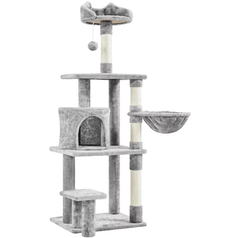 57″ Tall Multi Level Cat Tree with Basket &amp; Condo &amp; Scratching Post, Light Gray