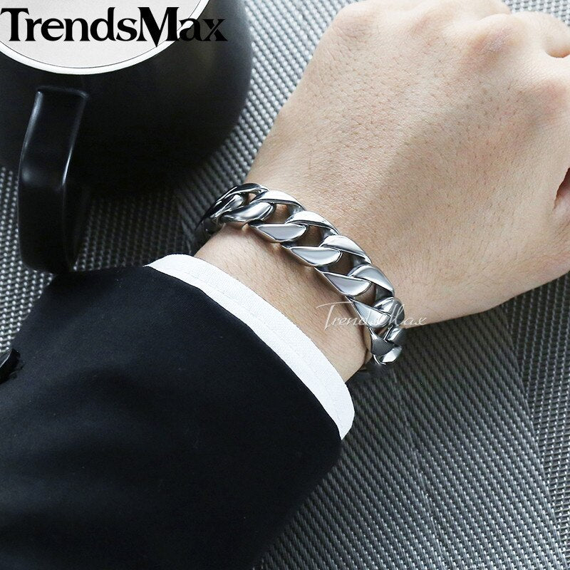 Men's Bracelets Hiphop Gold Color Curb Cuban Link Chain 316L Stainless Steel Bracelet For Male Jewelry Wholesale 15mm KHB123