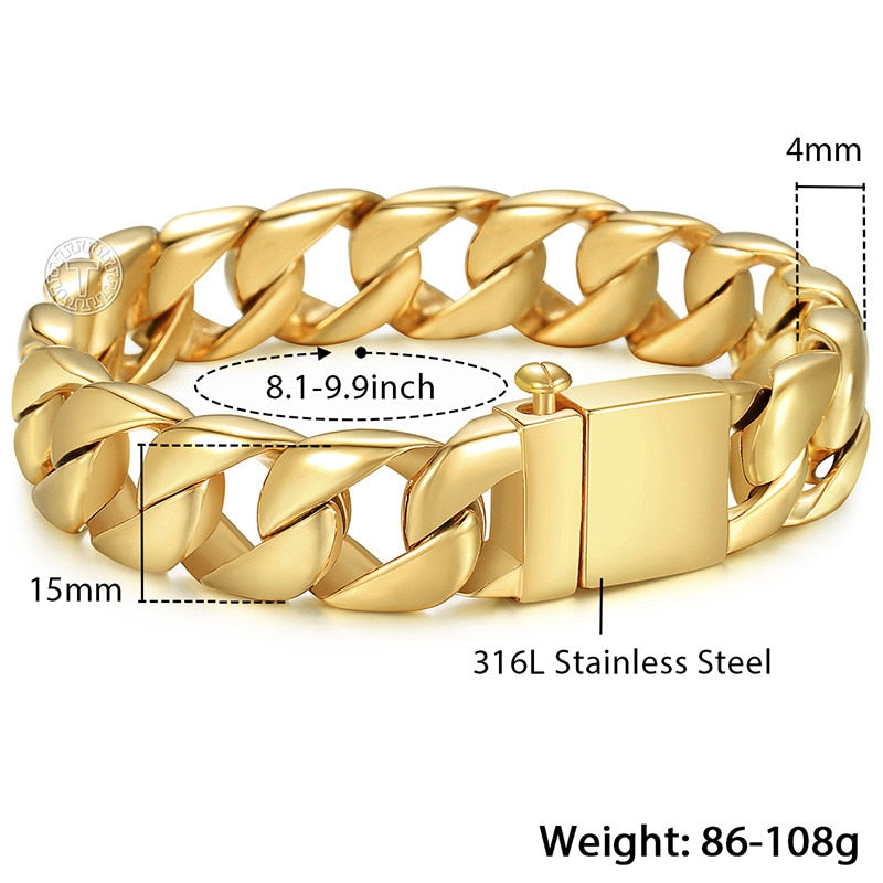 Men's Bracelets Hiphop Gold Color Curb Cuban Link Chain 316L Stainless Steel Bracelet For Male Jewelry Wholesale 15mm KHB123