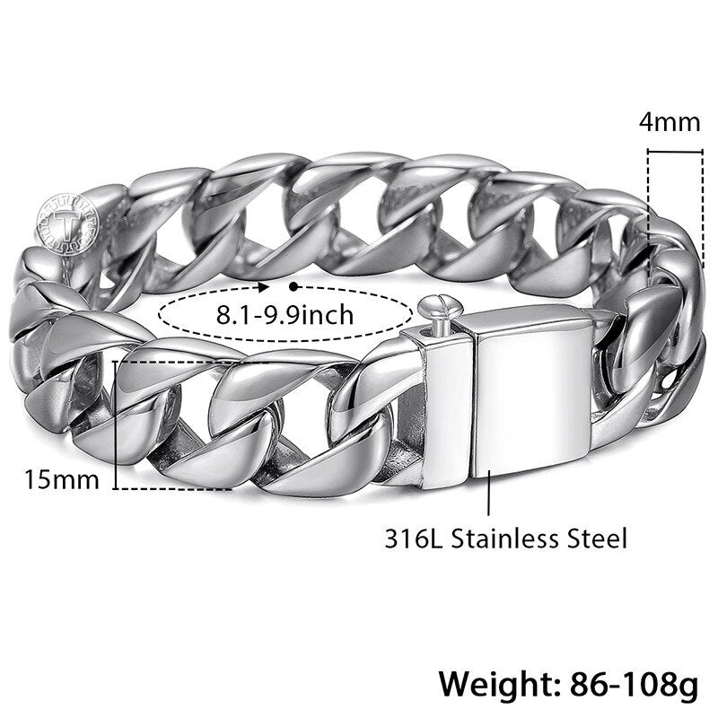 Men's Bracelets Hiphop Gold Color Curb Cuban Link Chain 316L Stainless Steel Bracelet For Male Jewelry Wholesale 15mm KHB123