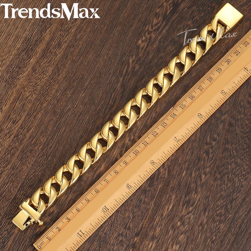 Men's Bracelets Hiphop Gold Color Curb Cuban Link Chain 316L Stainless Steel Bracelet For Male Jewelry Wholesale 15mm KHB123