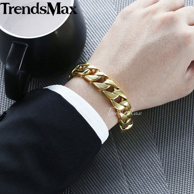 Men's Bracelets Hiphop Gold Color Curb Cuban Link Chain 316L Stainless Steel Bracelet For Male Jewelry Wholesale 15mm KHB123