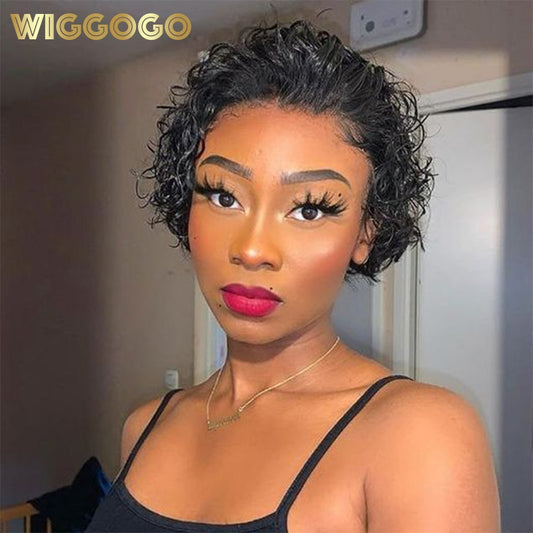 Wiggogo Pixie Cut Wig Human Hair Deep Wave Frontal Wig Short Wet and Wavy Curly Glueless Lace Front Wigs Brazilian Hair Wigs