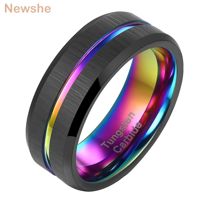 Newshe Charm Men's Tungsten Carbide Ring 8mm Black Wedding Band Rainbow Intermediate Groove Size 7-13