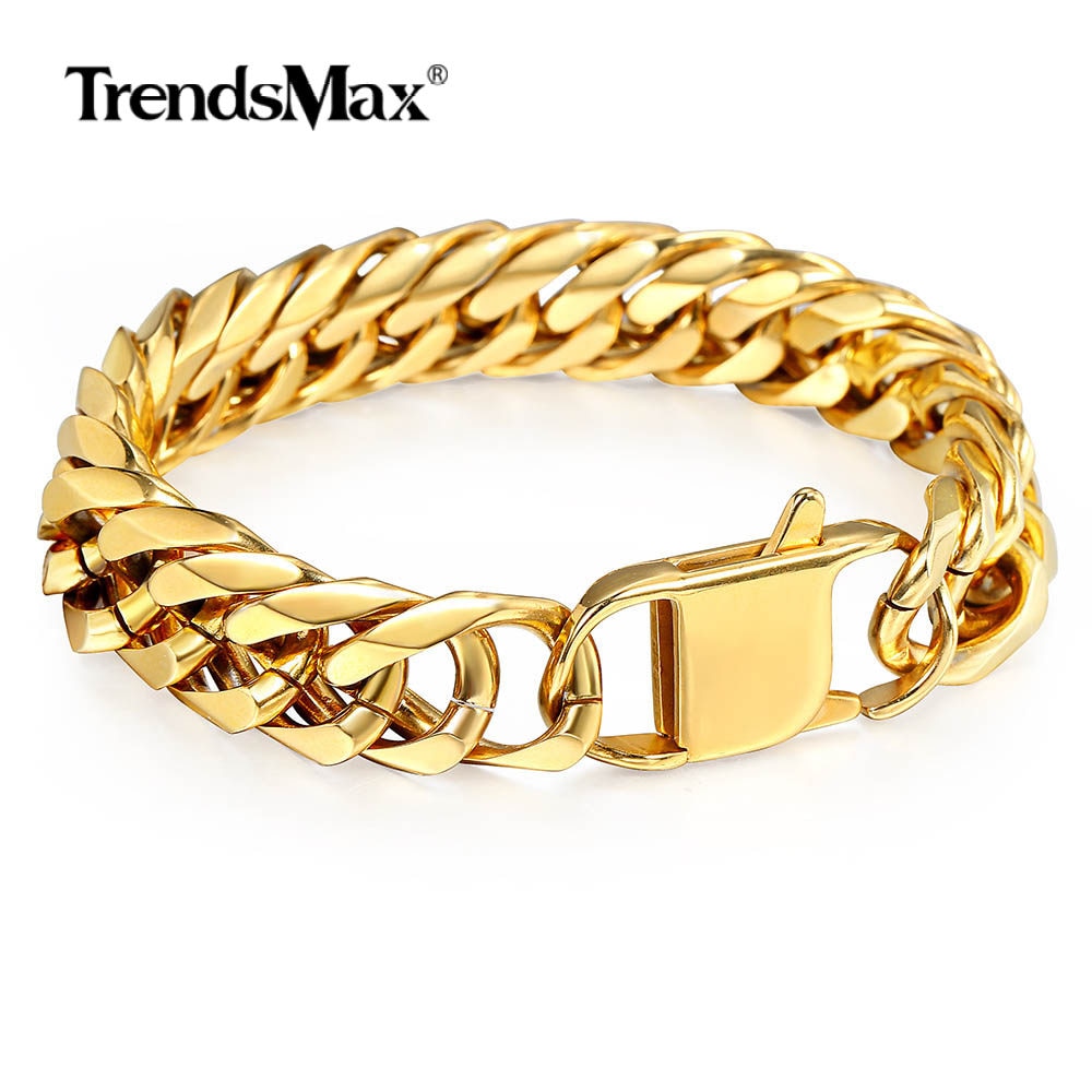 10mm 15mm Gold Color Black 316L Stainless Steel Bracelet for Men Double Curb Cuban Link Rombo Heavy Hiphop Male Jewelry HB513