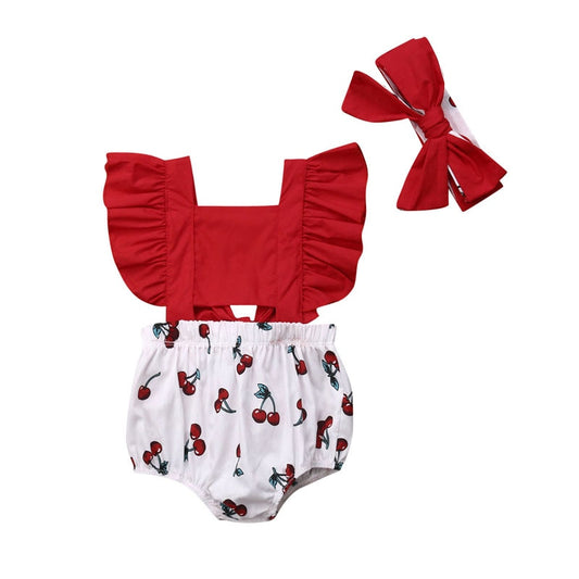 Pudcoco US Stock 2Pcs Newborn Kids Baby Girl Ruffle Romper Print Cherry Big Bow Headband 2PCS Outfits Summer Set 0-18M