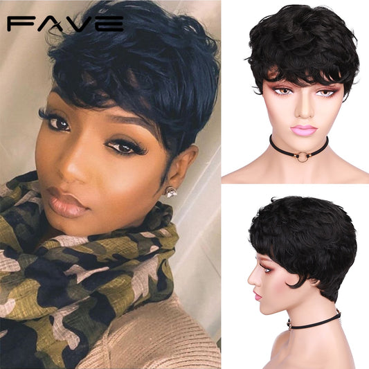 FAVE Short Pixie Cut Human Hair Curly Wigs For Women Natural Black Remy Hair Natural Look High Density Glueless Cheap Human Wigs