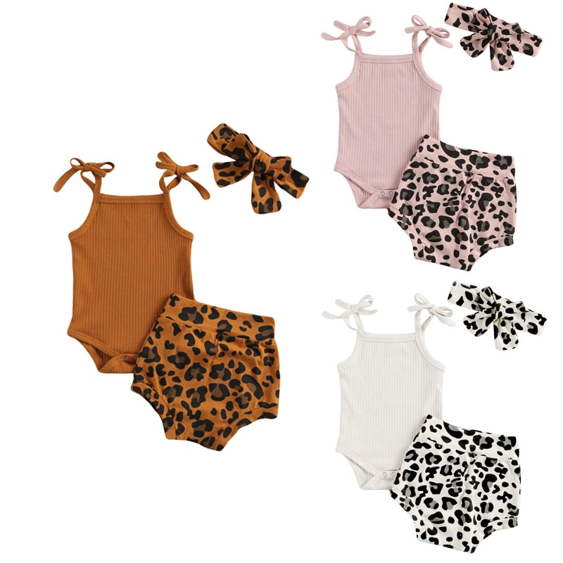 lioraitiin 0-18M Infant Newborn Girls 3 Pcs Outfits Suits Sling Tank Kinitting Tops Romper Tops Leopard Shorts Headband Sets