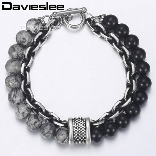 Davieslee Men's Black Beaded Bracelet 2018 Gunmetal Cut Cable Link Chain Stainless Steel Bracelets Male Jewelry Wholesale DDB33