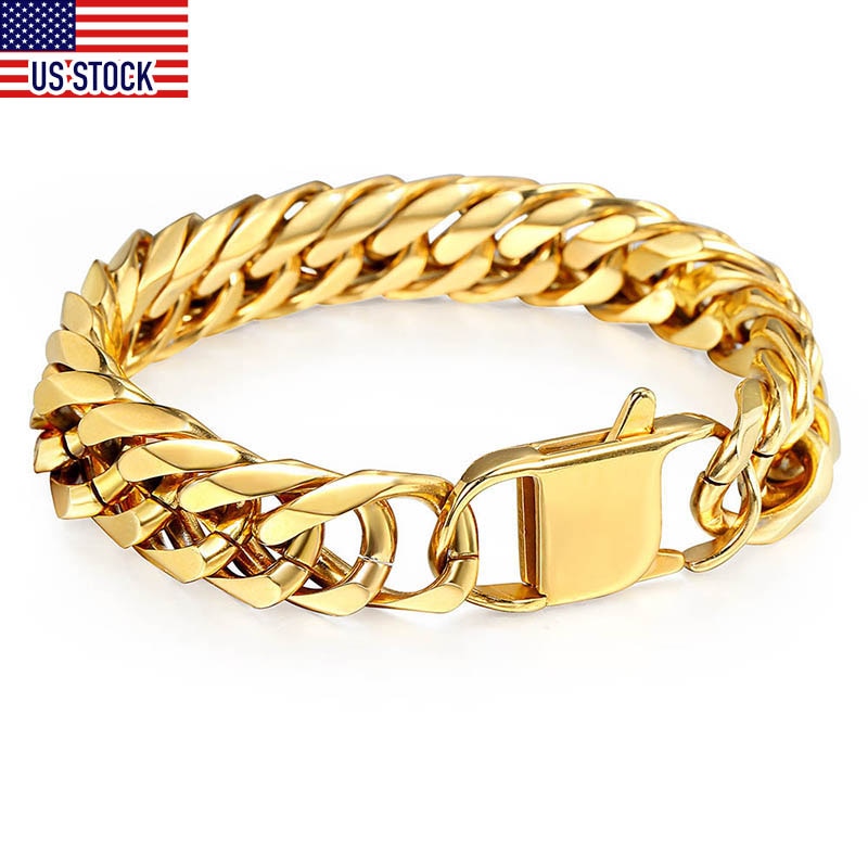 10/15mm Mens 316L Stainless Steel Bracelet Heavy Cut Double Curb Link Rombo Chain for Men Boy Gold Silver Color 7-11" DHBM117