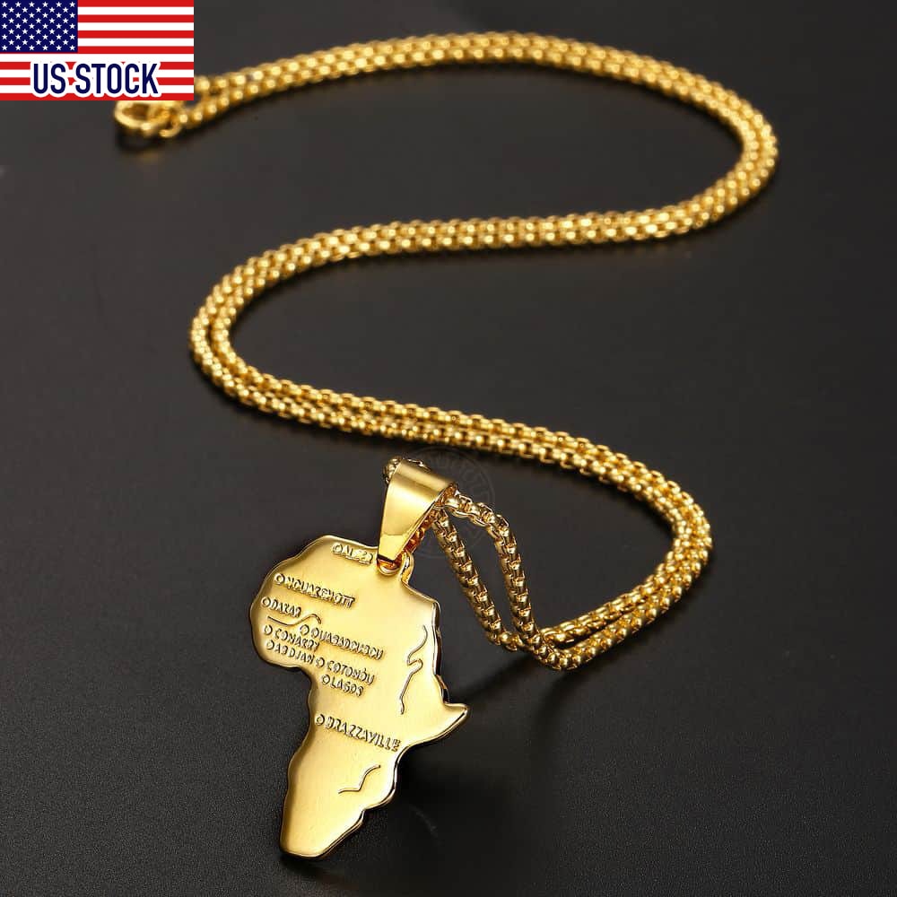 Pendant Necklace for Men Women Gold Color Africa Map Shape Pendant Box Link Chain Necklace Dropshipping GP56A