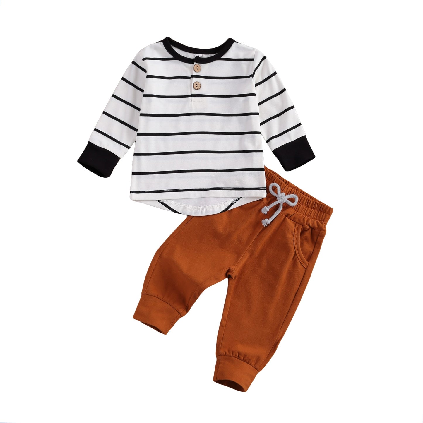 lioraitiin 0-24M Newborn Baby Boys 2-piece Outfit Set Long Sleeve Striped Tops+Solid Pants Set for Kids Boys Summer Outfit