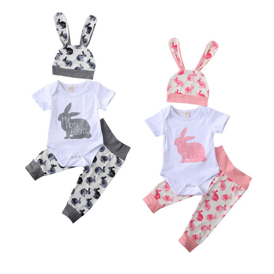 lioraitiin  0-18M Newborn Infant Baby Boy Girl Easter Clothing Set 3Pcs Short Sleeve Rabbit Printed Romper Top Long Pant Hat