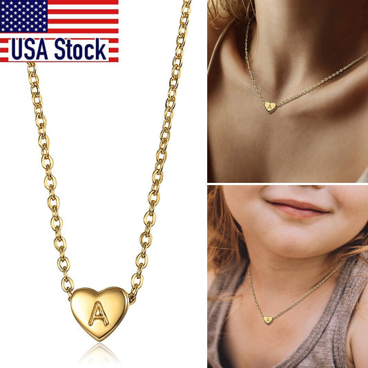 A-Z Initial Letter Heart Pendant Necklace For Women Baby Stainless Steel Gold Color Name Charm Choker Jewelry Collier Femme