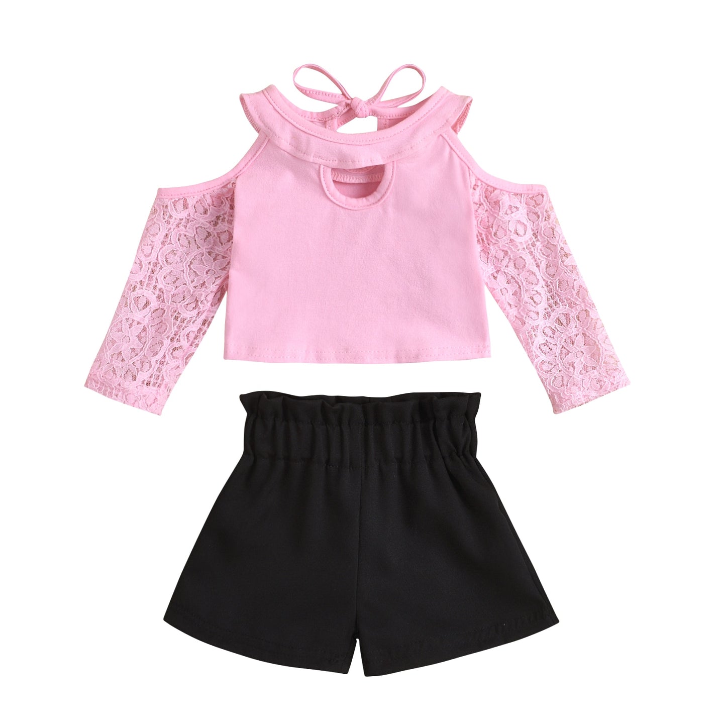 lioraitiin 0-18M Newborn Infant 2Pcs Toddler Girl Summer Outfits Lace Off-Shoulder Long Sleeves Blouse High-Waist Shorts